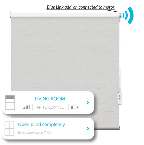 Motorized Blind with Blue Link add-on connected to the motor overlayed with Neo Smart Blinds Blue app sections to illustrated blind feedback and schedule