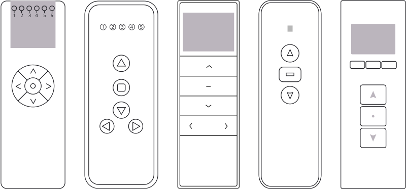 Five remote controls from different motor brands