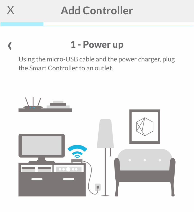 Power up the Smart Controller to an outlet using the included micro-usb and power charger