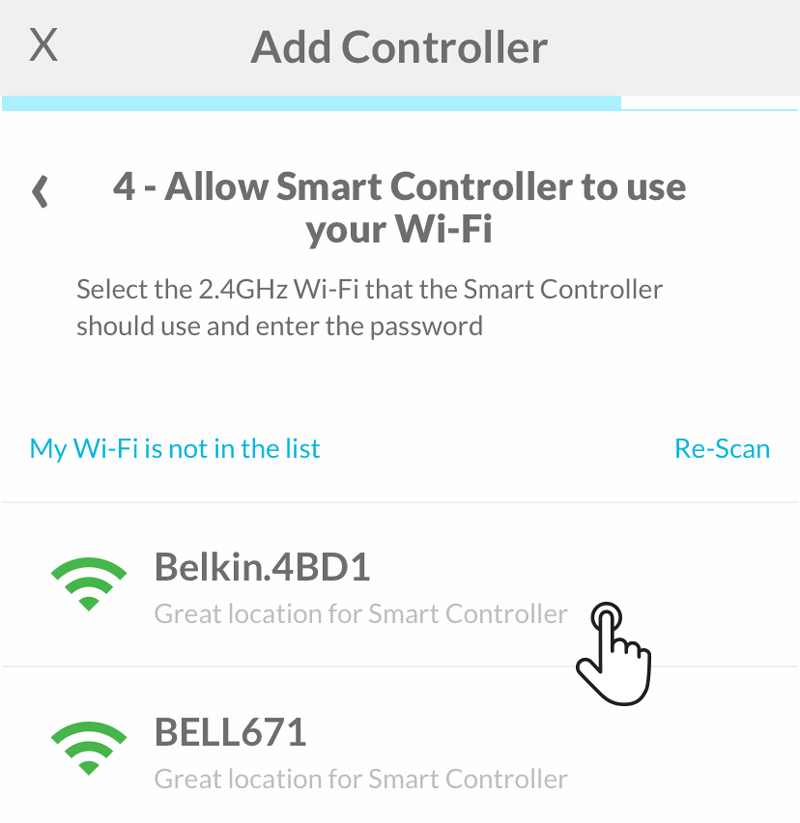 User tapping on one of the Wi-Fi networks available in range of the Smart Controller