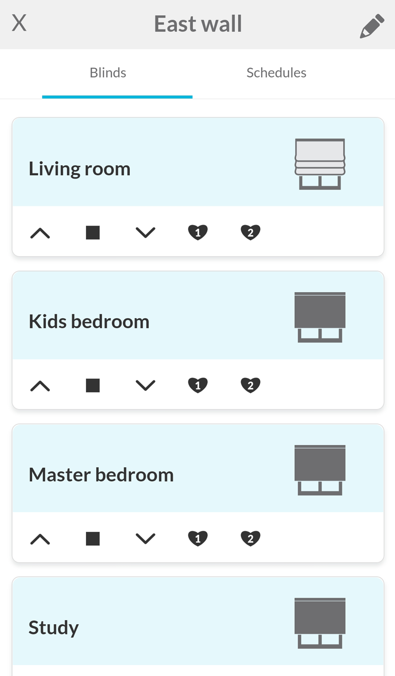 Blinds of the east wall of the house grouped in one room called east wall for easy voice commands to Google Assistant, Alexa or Siri