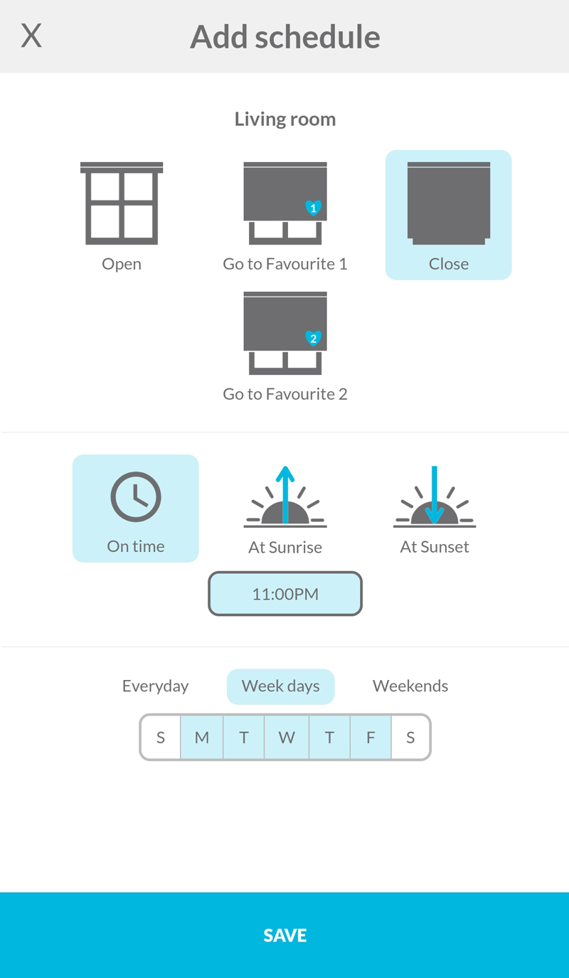 Example of a schedule for motorized blinds using the Neo Smart Blinds app