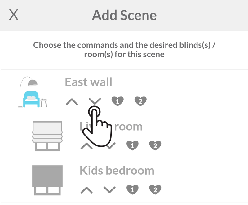 user chooses the commands for rooms and blinds to be added to the scene
