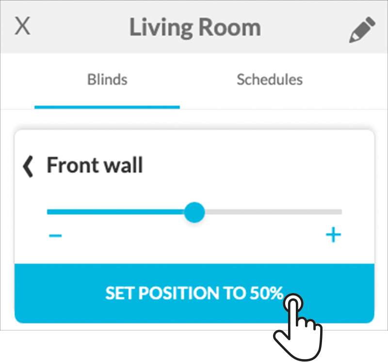 After setting the specific position with the slider, user taps on the card button to send the command
