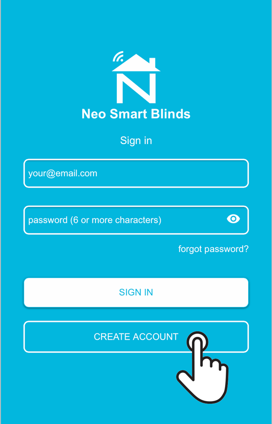 Neo Smart Blinds app tap on create new account 